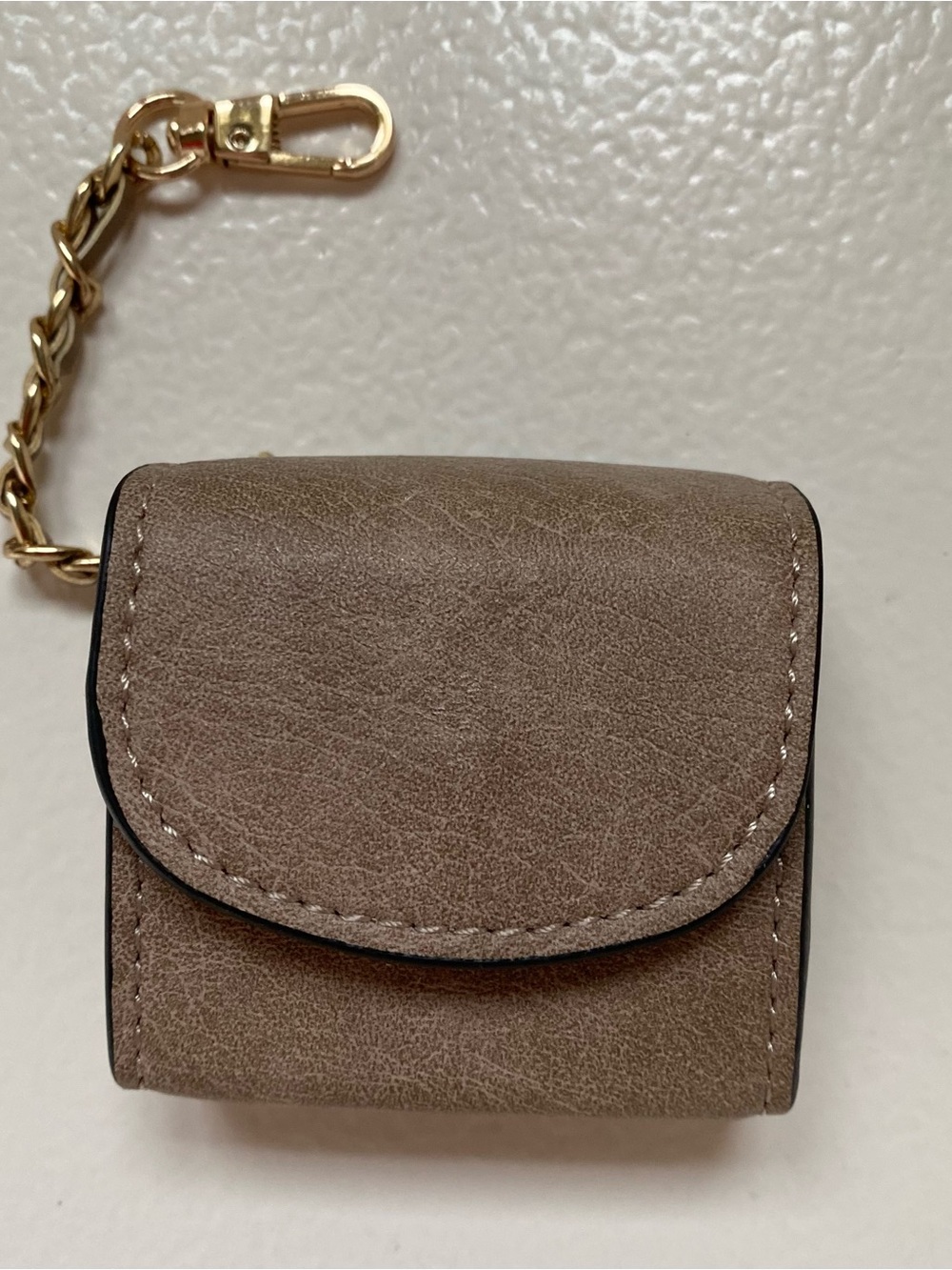 Neutral Taupe Leather Key Pouch with Gold Chain